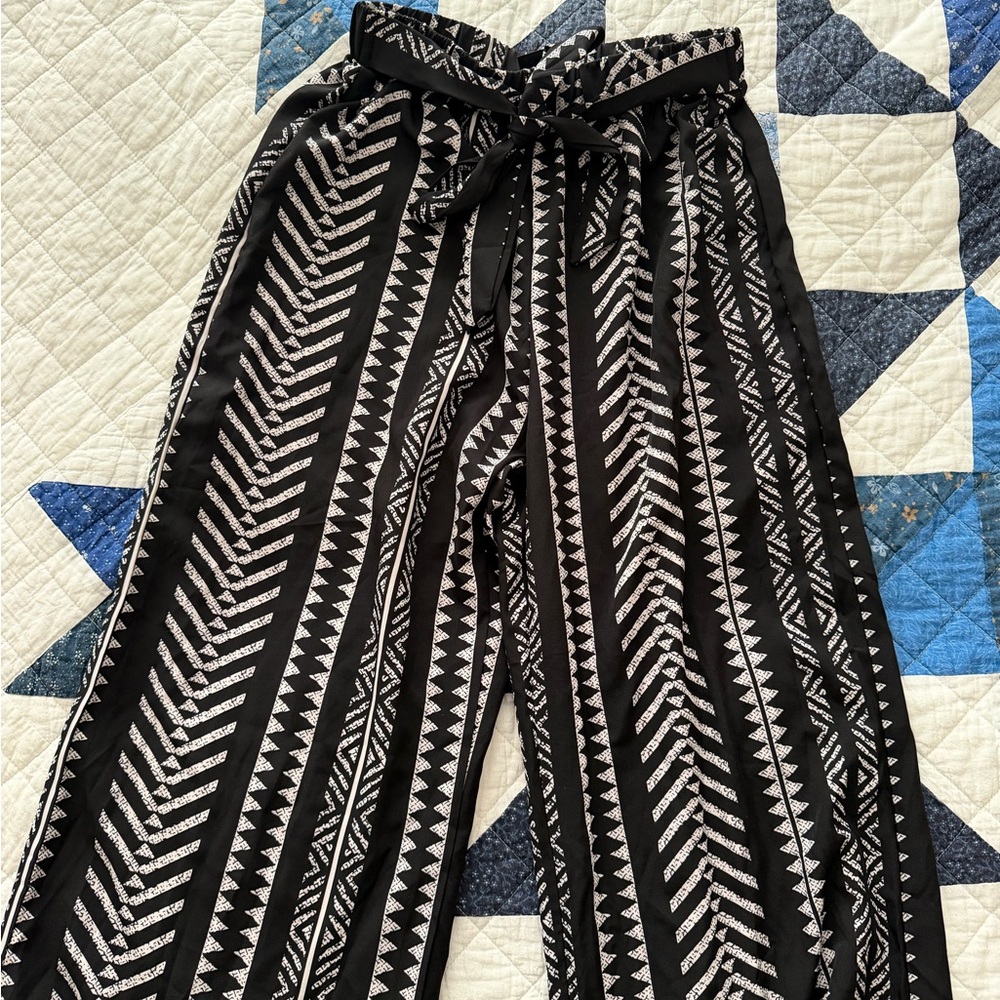 Black & White Patterned Wide-Leg Pants with Tie Waist and Orange pants bundle!